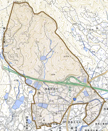 西条町吉行とその周辺の地図。町の範囲を重ねている