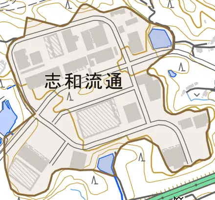 志和流通とその周辺の地図。町の範囲を重ねている