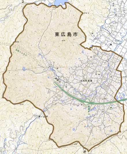 志和町奥屋とその周辺の地図。町の範囲を重ねている