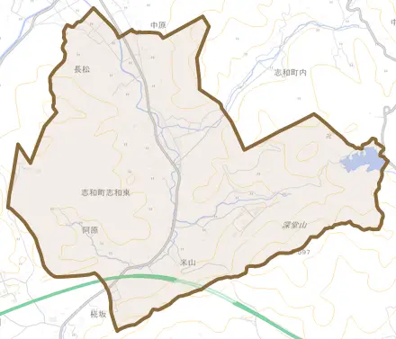 志和町志和東とその周辺の地図。町の範囲を重ねている