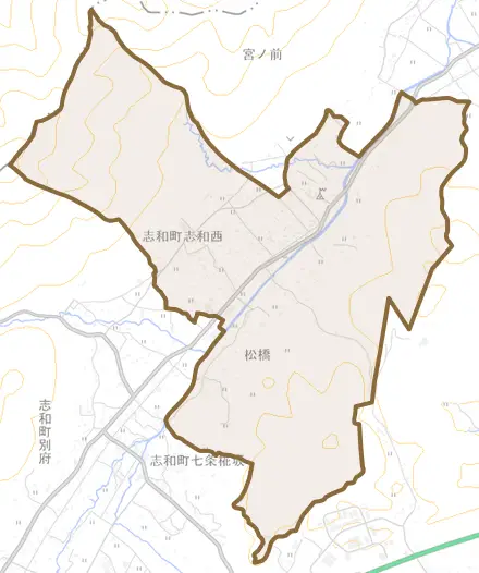 志和町志和西とその周辺の地図。町の範囲を重ねている