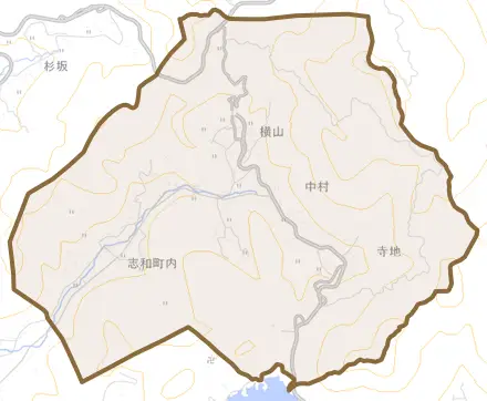 志和町内とその周辺の地図。町の範囲を重ねている