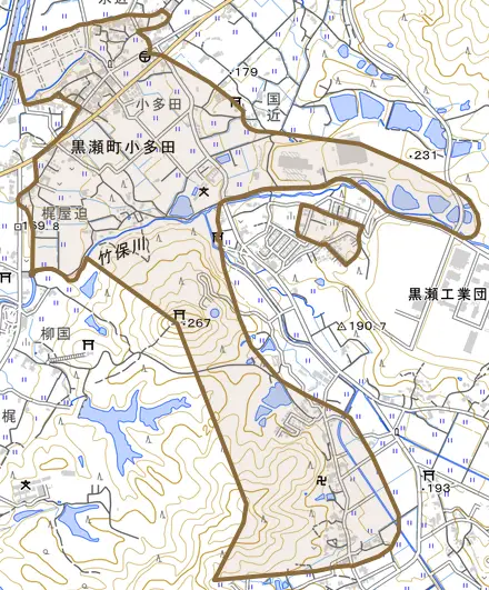 黒瀬町小多田とその周辺の地図。町の範囲を重ねている
