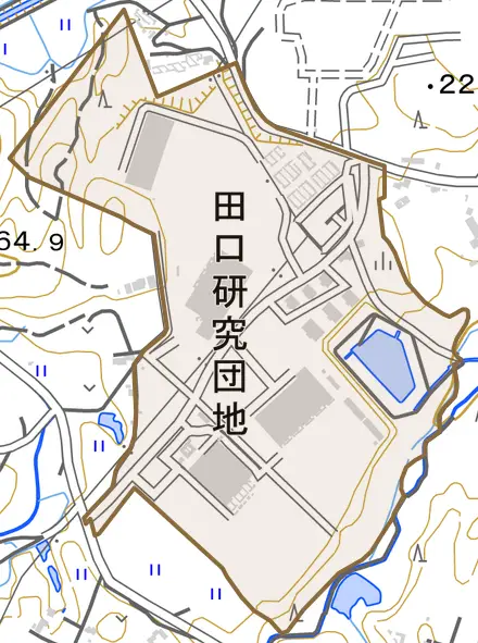 田口研究団地とその周辺の地図。町の範囲を重ねている