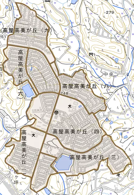 高屋高美が丘とその周辺の地図。町の範囲を重ねている