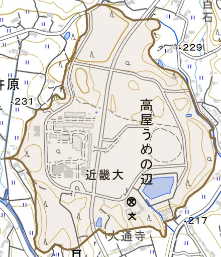 高屋うめの辺とその周辺の地図。町の範囲を重ねている