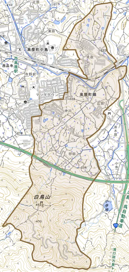 高屋町郷とその周辺の地図。町の範囲を重ねている