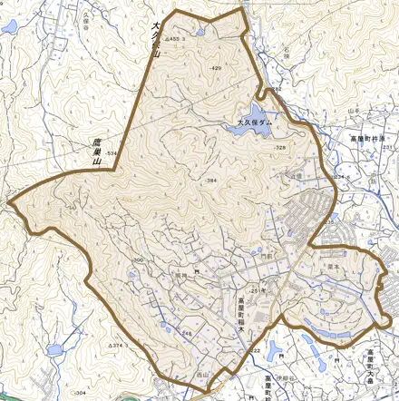 高屋町稲木とその周辺の地図。町の範囲を重ねている