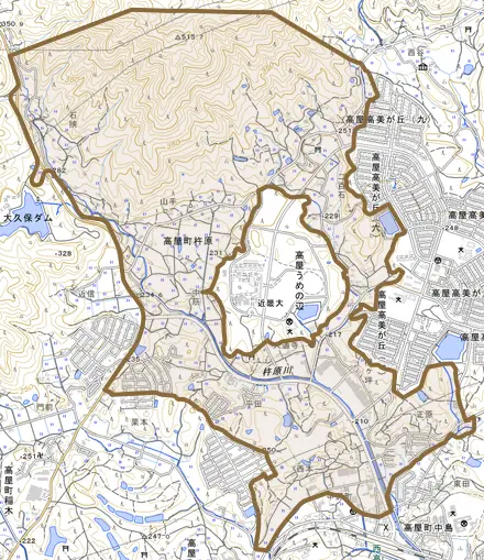 高屋町杵原とその周辺の地図。町の範囲を重ねている