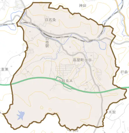 高屋町小谷とその周辺の地図。町の範囲を重ねている