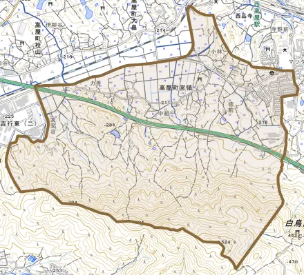 高屋町宮領とその周辺の地図。町の範囲を重ねている