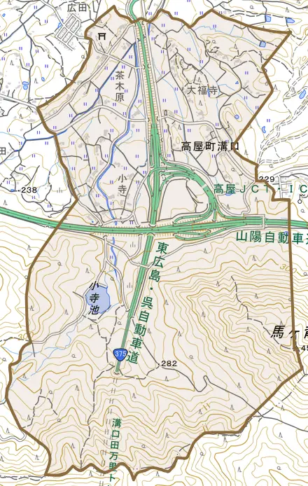 高屋町溝口とその周辺の地図。町の範囲を重ねている