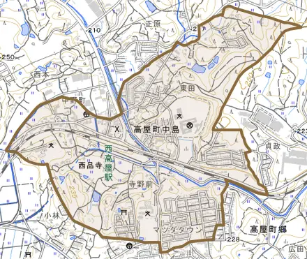 高屋町中島とその周辺の地図。町の範囲を重ねている