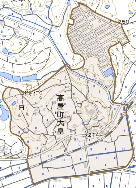 高屋町大畠とその周辺の地図。町の範囲を重ねている