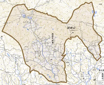 高屋町貞重とその周辺の地図。町の範囲を重ねている
