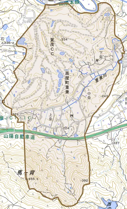 高屋町重兼とその周辺の地図。町の範囲を重ねている