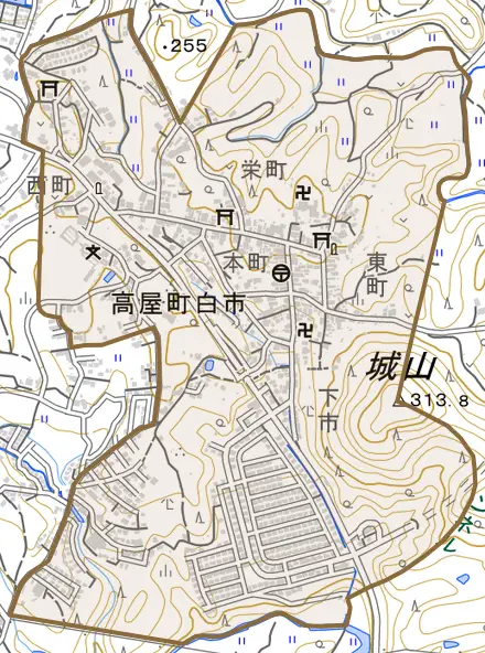 高屋町白市とその周辺の地図。町の範囲を重ねている