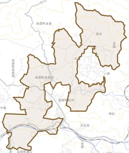 高屋町高屋東とその周辺の地図。町の範囲を重ねている