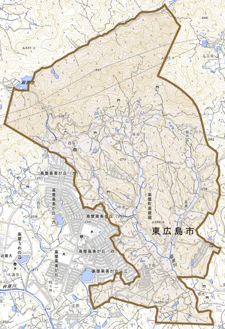 高屋町高屋堀とその周辺の地図。町の範囲を重ねている