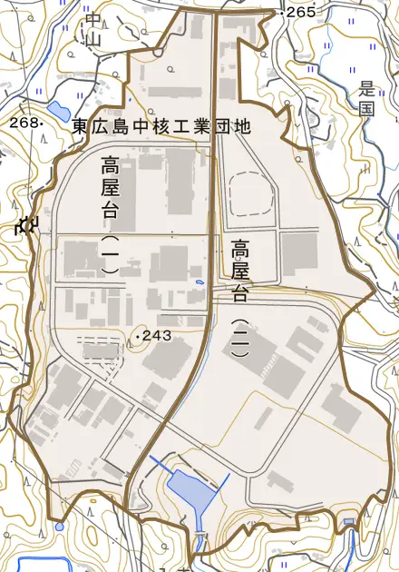 高屋台とその周辺の地図。町の範囲を重ねている