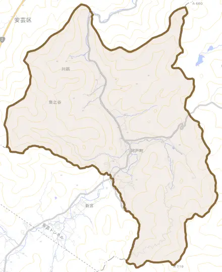 阿戸町とその周辺の地図。町の範囲を重ねている
