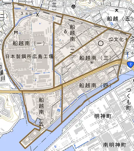 船越南とその周辺の地図。町の範囲を重ねている