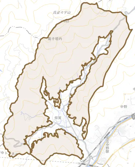 畑賀町とその周辺の地図。町の範囲を重ねている