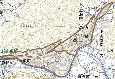 上瀬野とその周辺の地図。町の範囲を重ねている