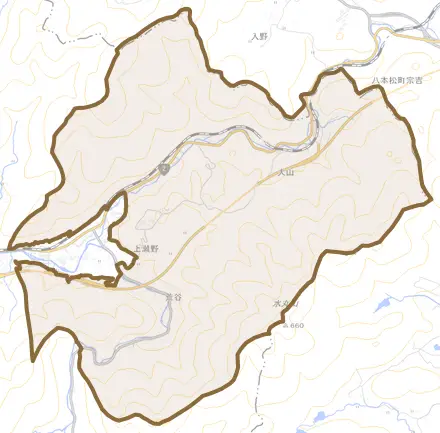 上瀬野町とその周辺の地図。町の範囲を重ねている