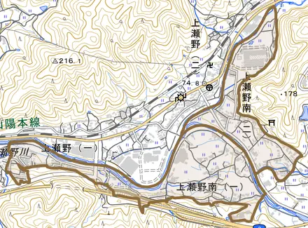 上瀬野南とその周辺の地図。町の範囲を重ねている