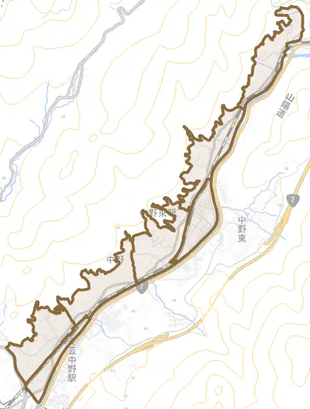 中野とその周辺の地図。町の範囲を重ねている