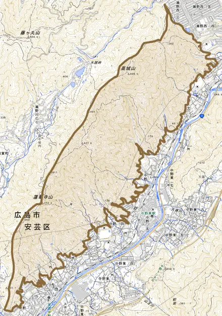 中野町とその周辺の地図。町の範囲を重ねている
