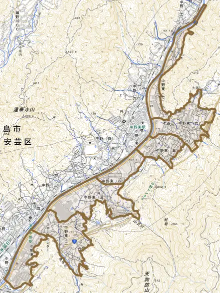 中野東とその周辺の地図。町の範囲を重ねている