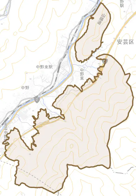 中野東町とその周辺の地図。町の範囲を重ねている