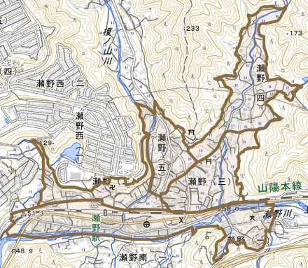 瀬野とその周辺の地図。町の範囲を重ねている