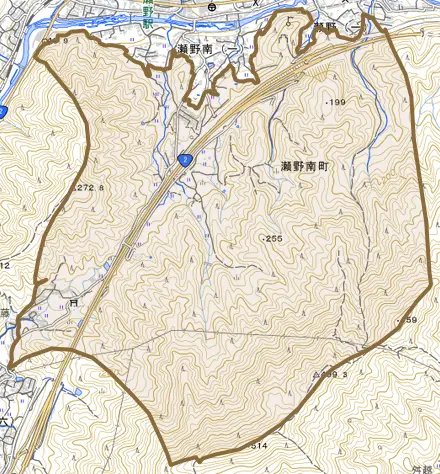 瀬野南町とその周辺の地図。町の範囲を重ねている