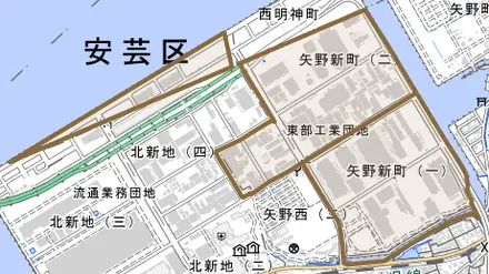 矢野新町とその周辺の地図。町の範囲を重ねている