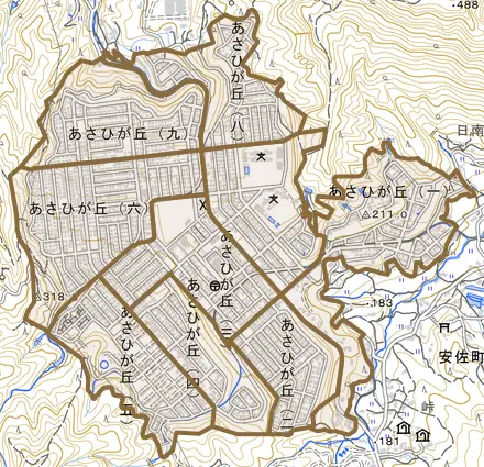 あさひが丘とその周辺の地図。町の範囲を重ねている