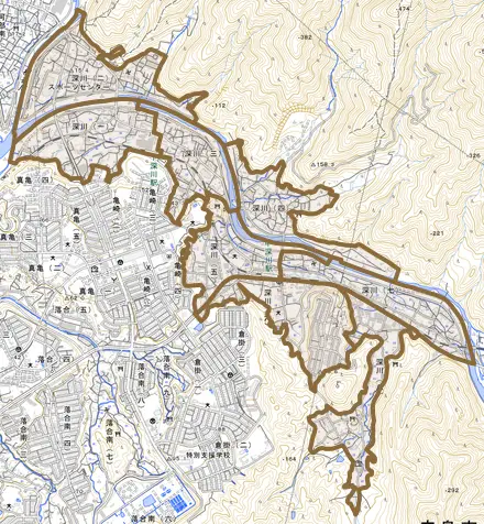 深川とその周辺の地図。町の範囲を重ねている