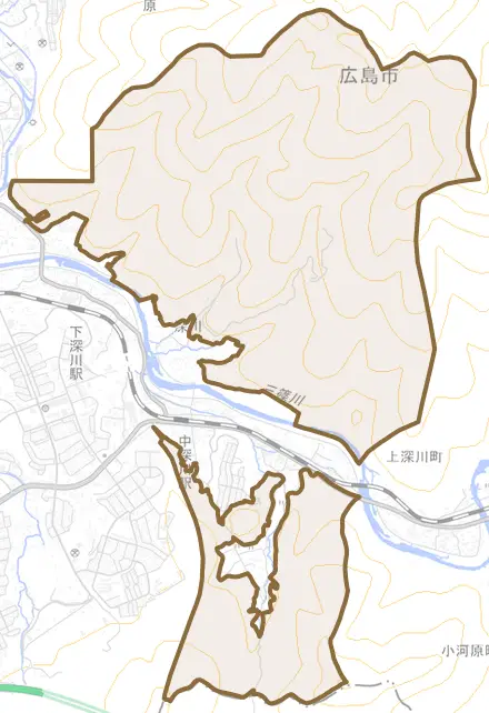 深川町とその周辺の地図。町の範囲を重ねている