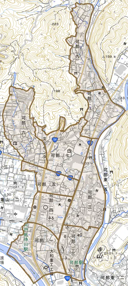 可部とその周辺の地図。町の範囲を重ねている