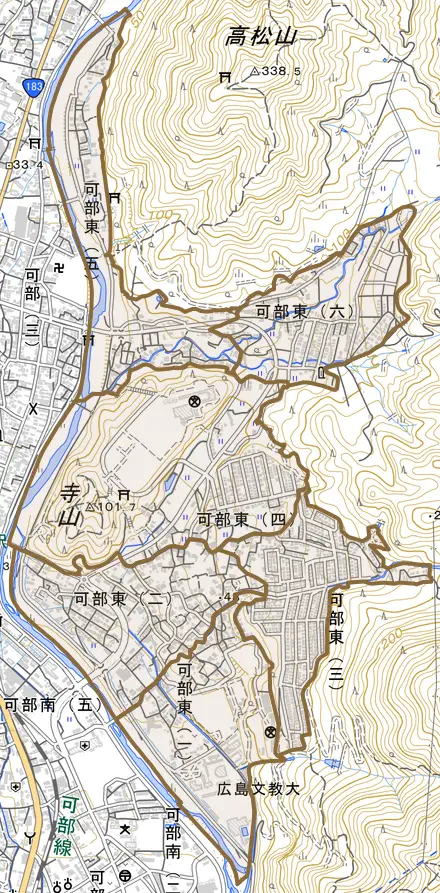 可部東とその周辺の地図。町の範囲を重ねている