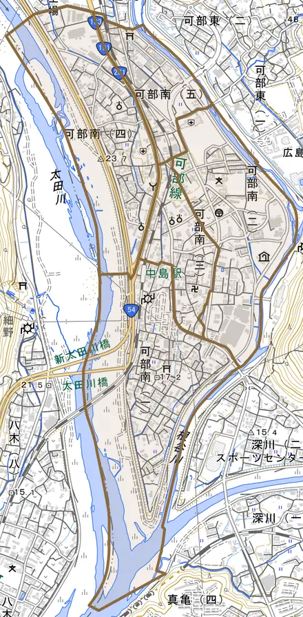 可部南とその周辺の地図。町の範囲を重ねている