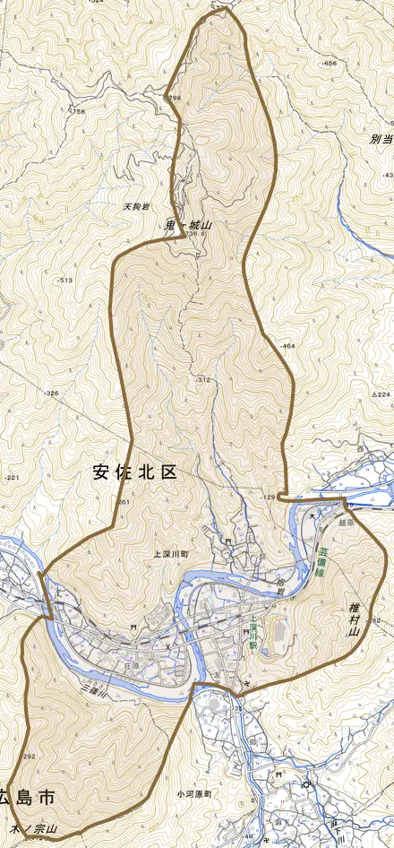 上深川町とその周辺の地図。町の範囲を重ねている