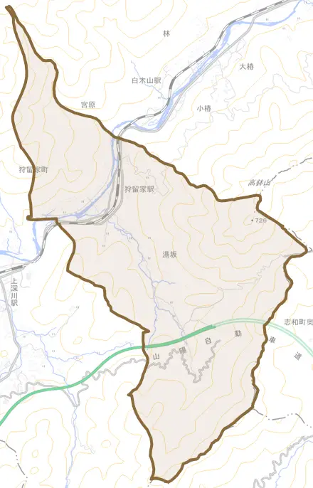 狩留家町とその周辺の地図。町の範囲を重ねている