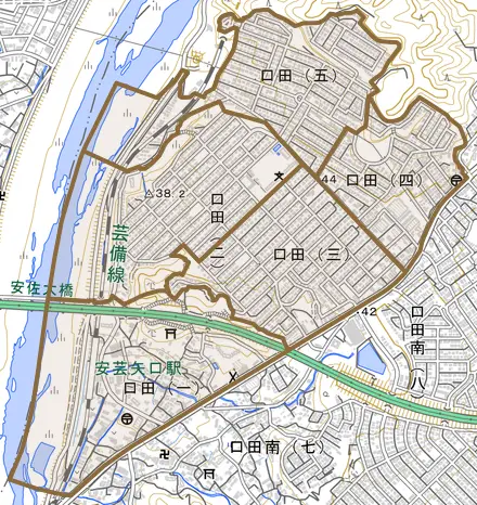 口田とその周辺の地図。町の範囲を重ねている