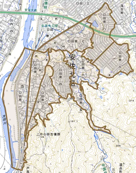 口田南とその周辺の地図。町の範囲を重ねている