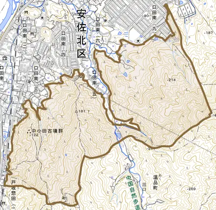 口田南町とその周辺の地図。町の範囲を重ねている