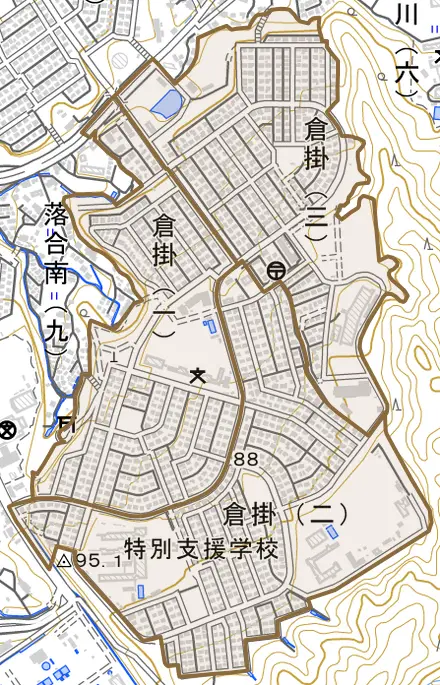 倉掛とその周辺の地図。町の範囲を重ねている