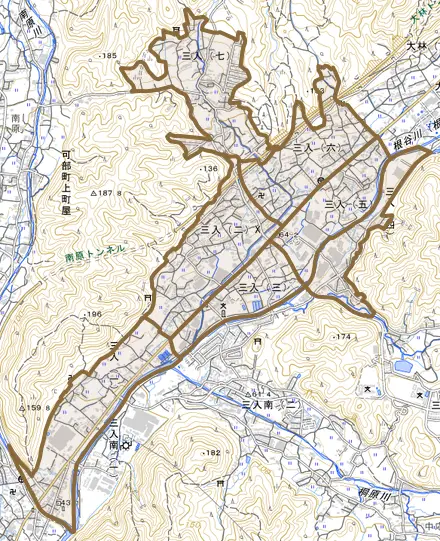 三入とその周辺の地図。町の範囲を重ねている